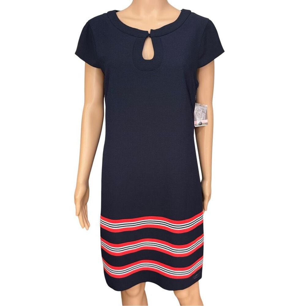 Taylor Women’s Size 10 Navy Blue orange White Striped Keyhole Shift Dress NWT